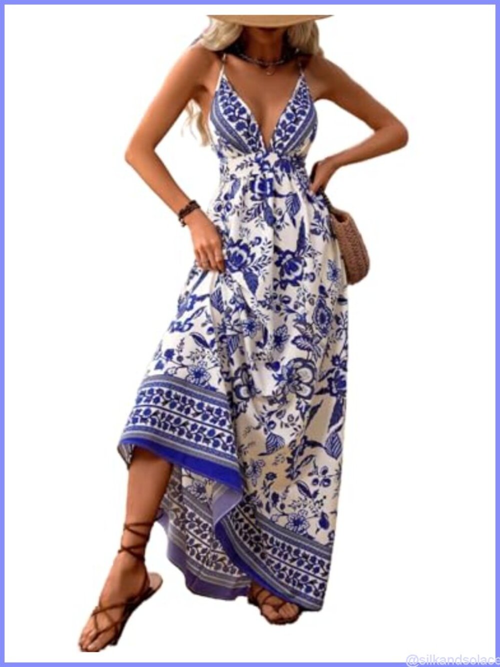 Boho Backless Flowy Maxi Dress with Spaghetti Straps and High Waist, Sleeveless